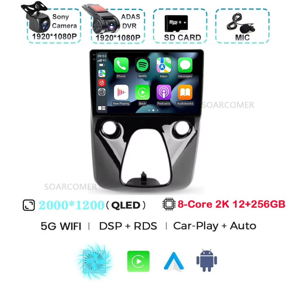 Android 15 For Peugeot 108 Toyota Aygo B40 2013-2021 Citroen C1 2K QLED Android Car Radio Multimedia Video Player GPS 4G stereo