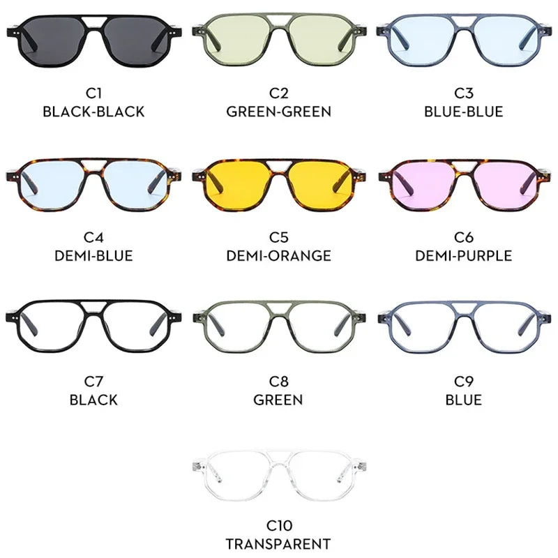 JNPCXI Vintage Double Bridges Polygon Square Men Sunglasses Fashion Green Ocean Lens Eyewear Women Rivets Sun Glasses UV400
