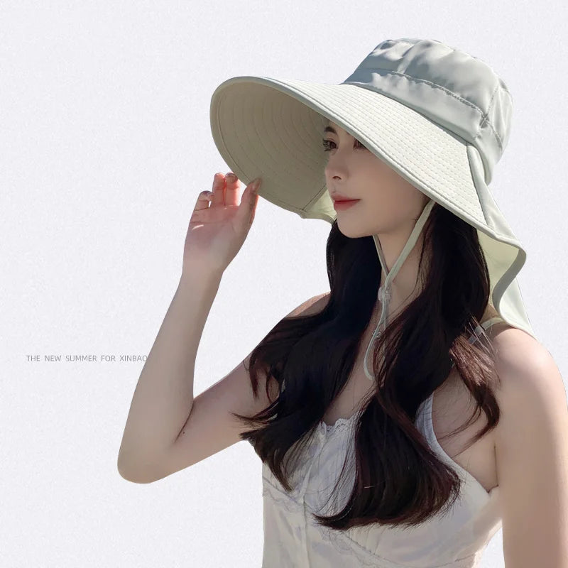 8555 Summer outdoor sunblock hat Korean version of a big hat cape fisherman hat with horsetail hole hat woman