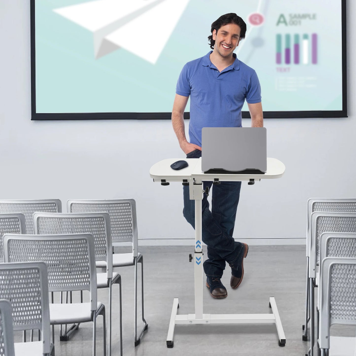 White Carbon Steel Adjustable Laptop Desk Stand With 360° Swivel Wheels w/Brakes