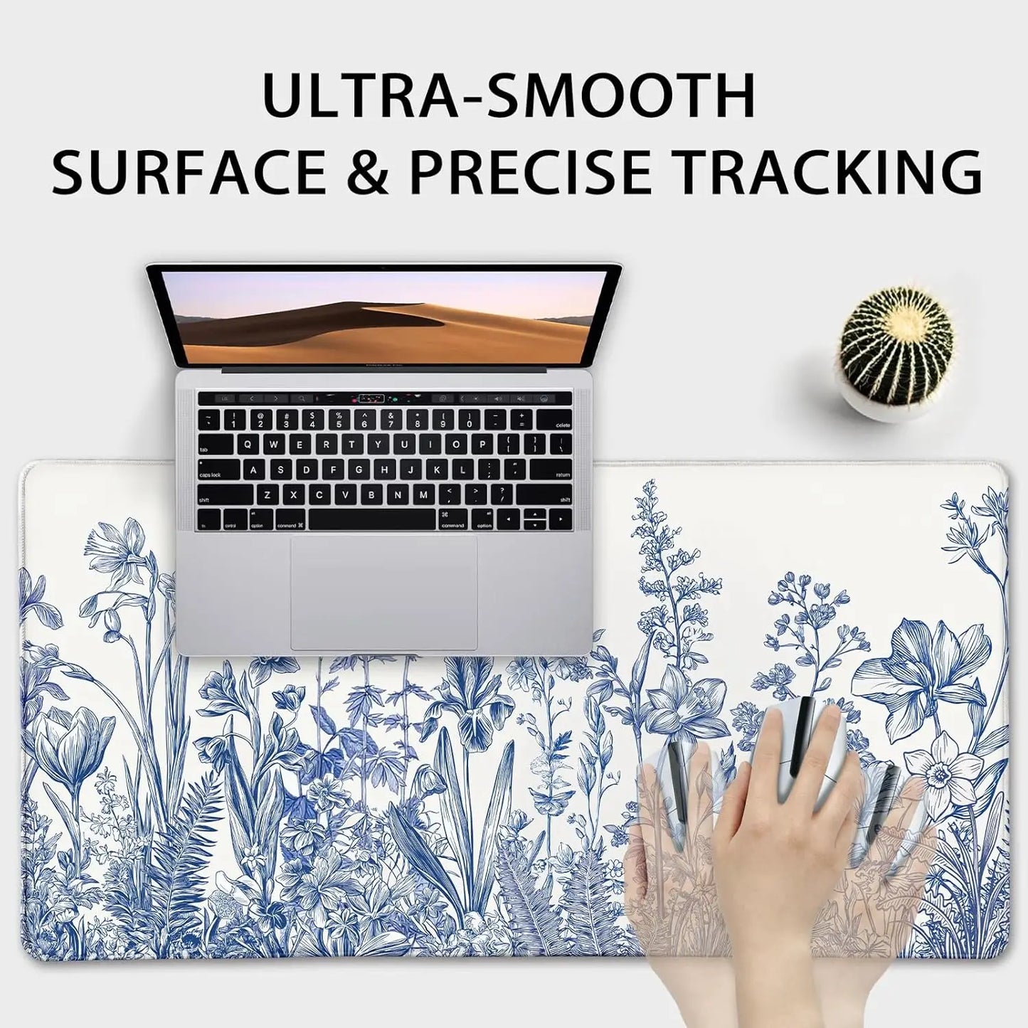 Narcissus Blue Floral Large Gaming Mouse Pad，XXL Desk Mat,Non-Slip Rubber Base Stitched Edges - Waterproo Mousepad for PC/Office