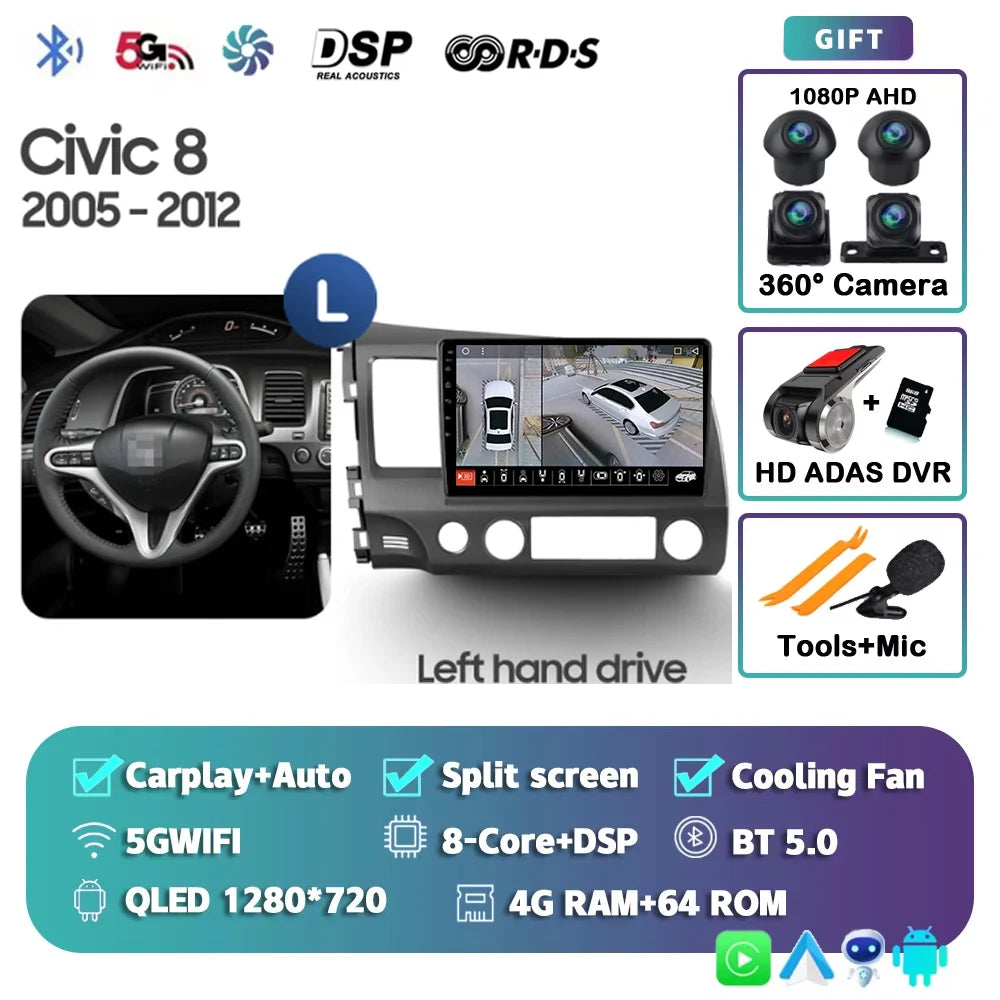For Honda Civic 8 2005 - 2012 Android 15 Carplay Auto 4G WIFI Car Radio Multimedia Stereo Video Player GPS Navigation Plug and P