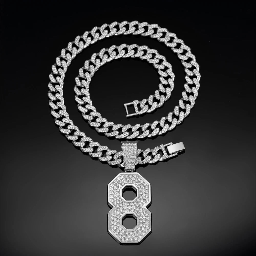 Men's Hip Hop Number 8 Pendant Necklace With 13mm Crystal Cuban Chain Luxury Lucky Number Necklaces for Men Jewelry Gift for Him