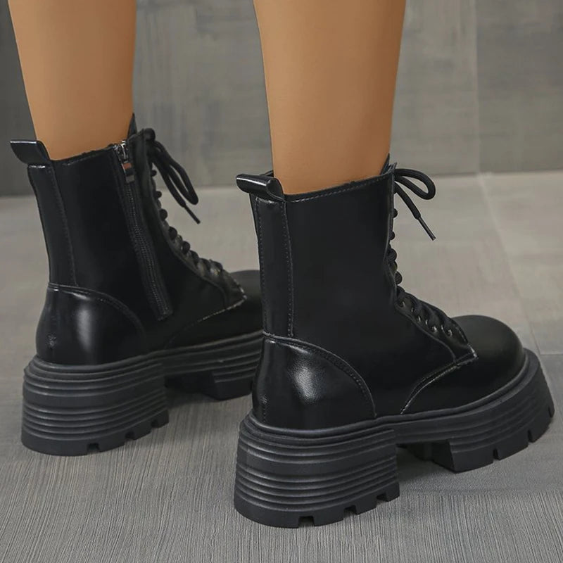 Autumn Winter Black Platform Boots Women Fashion Lace Up Zipper Ankle Boots Woman Punk Thick Heel Pu Leather Botas Mujer