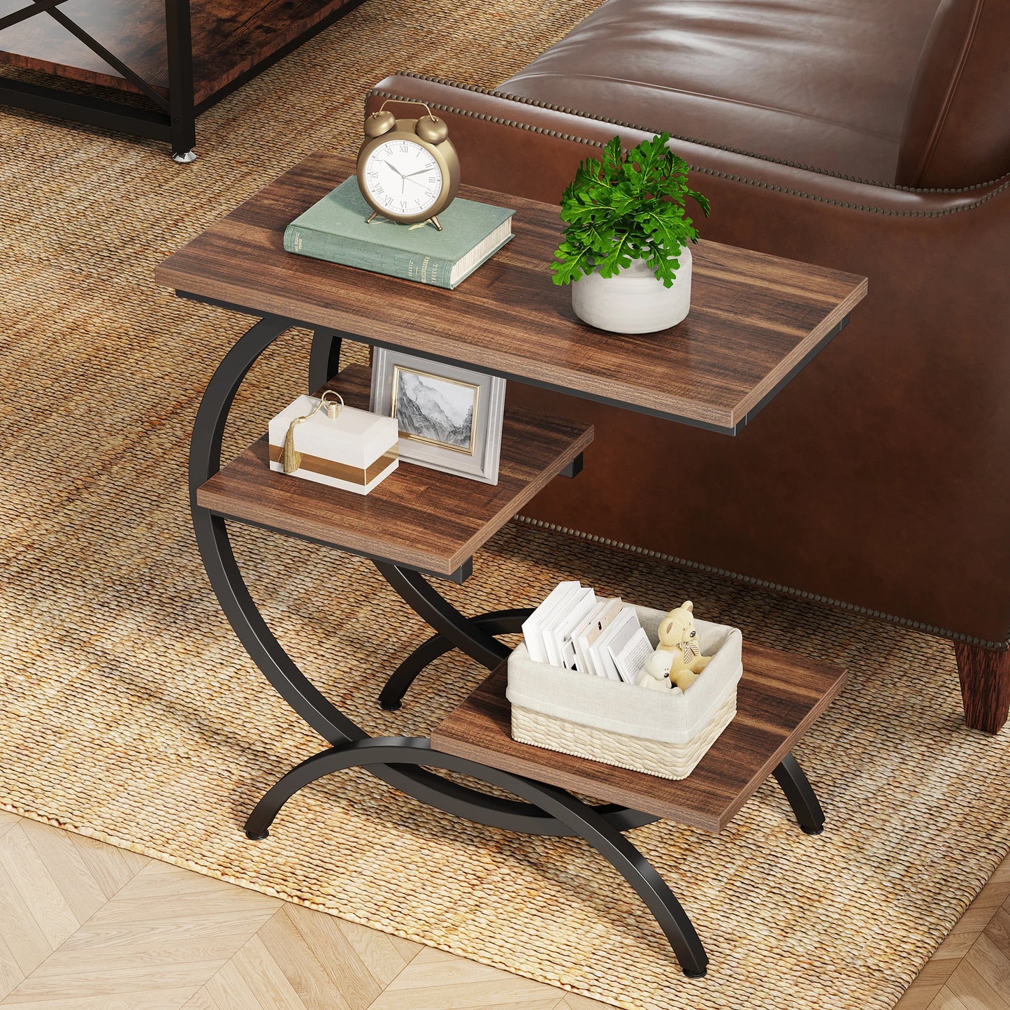 Tribesigns C-Shaped End Table, Industrial 3-Tier Small Table, Wood Snack Table