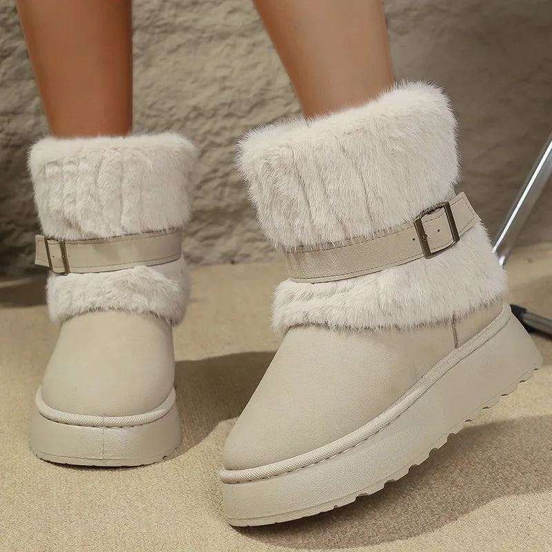 Fashion Buckle Fluffy Fur Boots Women Comfortable Winter Slip On Platform Snow Boots Woman Thick Sole Furry Ankle Botas Mujer