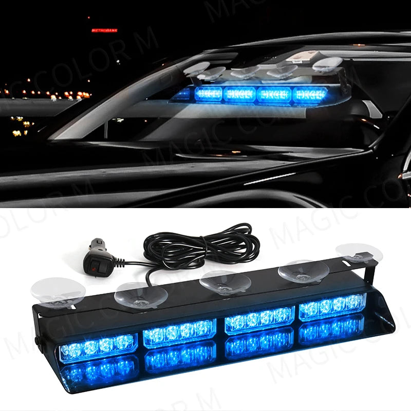 16 LED Car Strobe Light For Emergency Flash Warning Lamp Windshield Bar Red Blue Amber White Waterproof Auto Light Assembly 12V