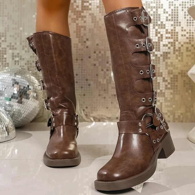 Fashion Buckle Strap Midi-Calf Boots for Women Autumn Winter Brown Rivet Wedges Boots Woman Plus Size Pu Leather Botas Mujer