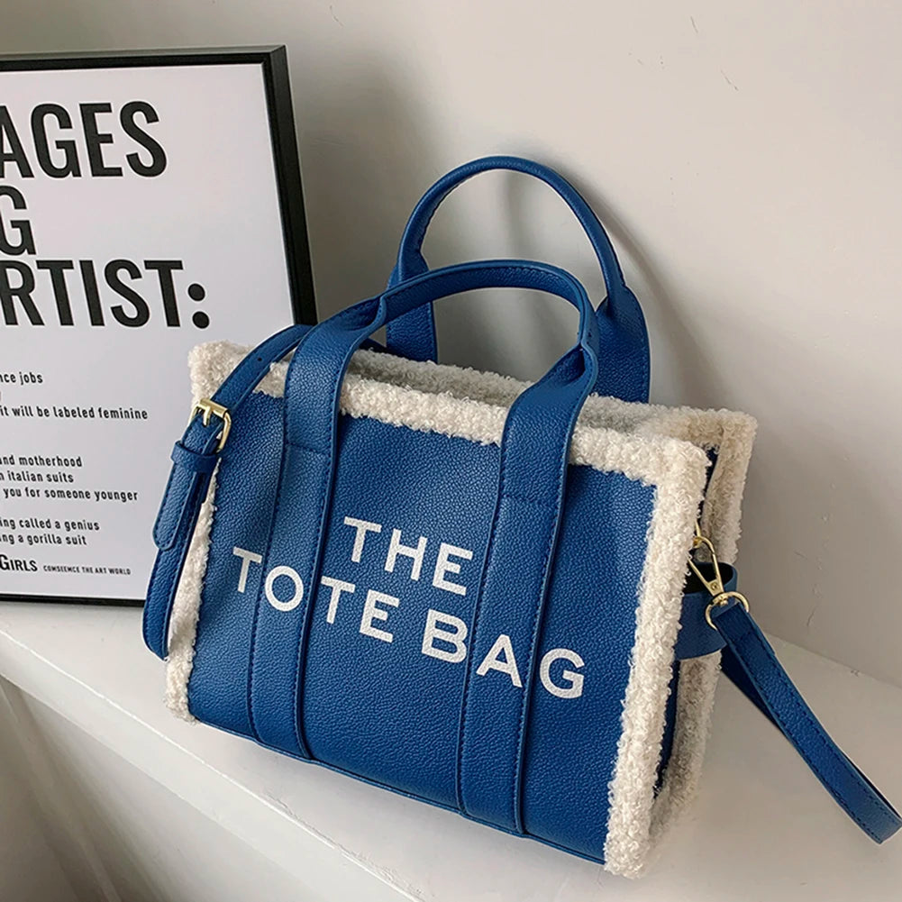 Blue PU Leather Commute Bag Fashion Letter Casual Soft Girls Shop Square Bags