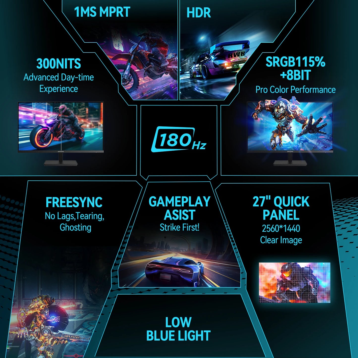 ARZOPA 27inch 180Hz 2K FastIPS QHD PC Monitor 1ms FreeSync Gaming monitor,M1RC