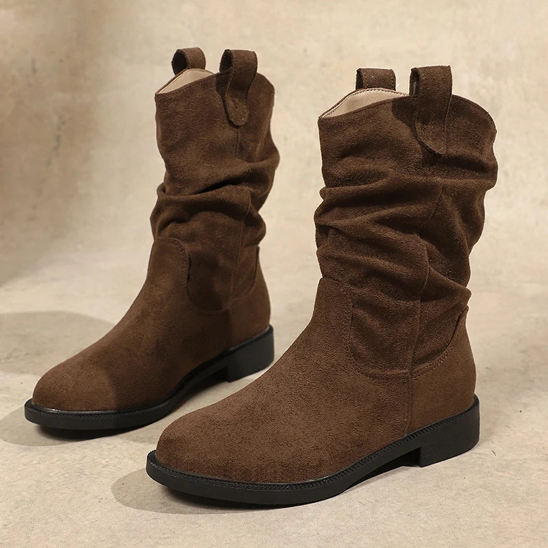 Autumn Winter Low Heel Mid Calf Boots Women 2025 Plus Size Slip On Western Boots Woman Vintage Pleated Design Flock Botas Mujer