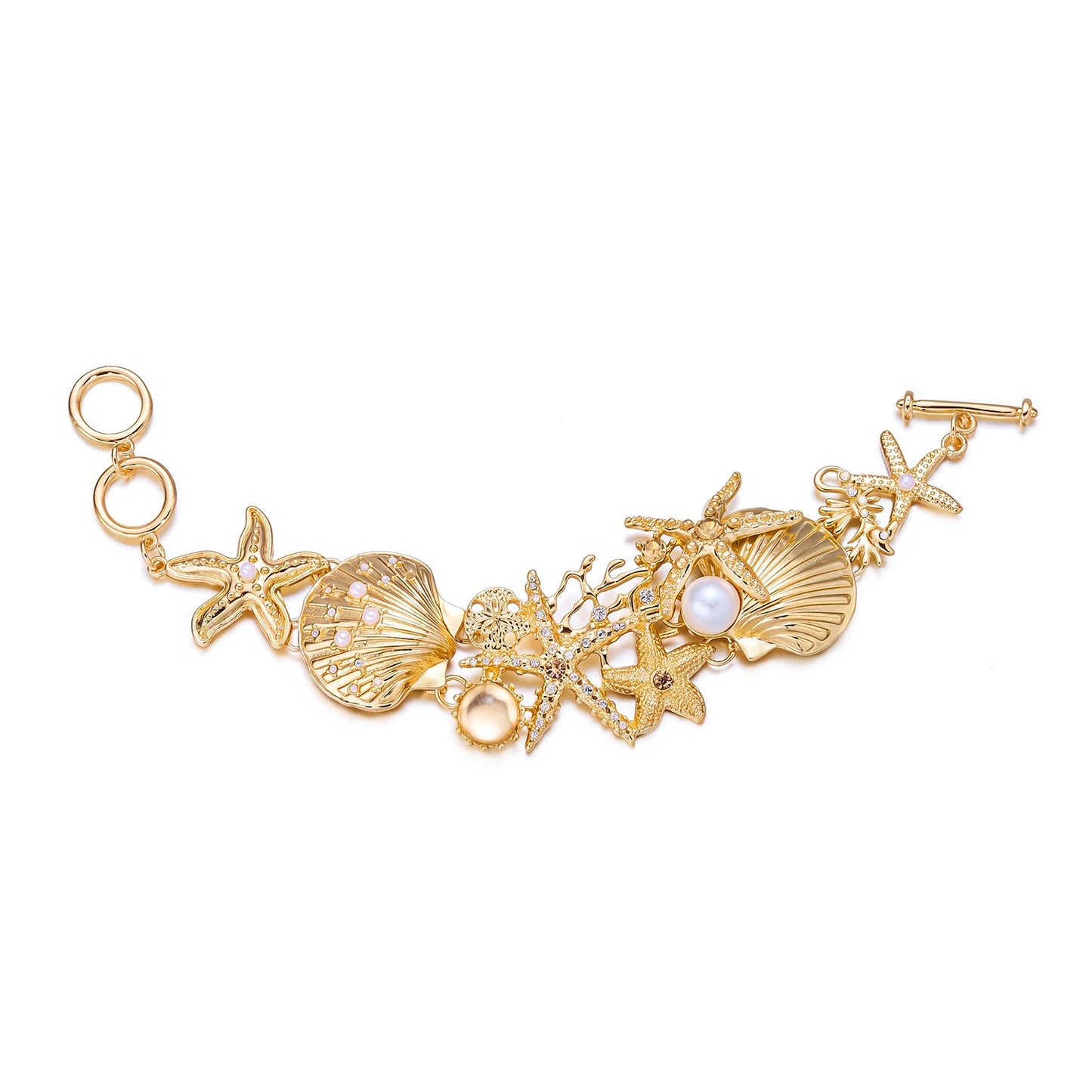 Mermaidcore Statement Gold Ocean Jewelry Set Women Chunky Starfish Shell Coral Pearl Crystal Necklace Bracelet Earrings Resort G