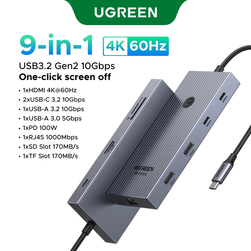 UGREEN USB-C HUB 9-in-1 Type-C to 4K60Hz HDMI 10Gbps Data 1000Mbps RJ45 PD100W SD&TF for Laptop Accessories MacBook DELL iPad HP