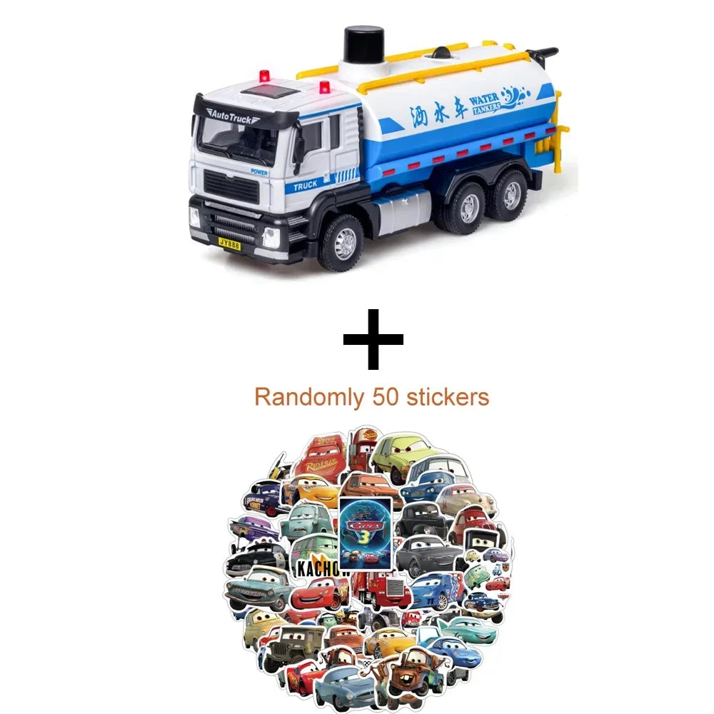 1/50 Sanitation Truck Model Car Toy Alloy Diecast Sprinkler Truck Rubber Tires Sound Light Pull Back Toys Festival Gift for Kids