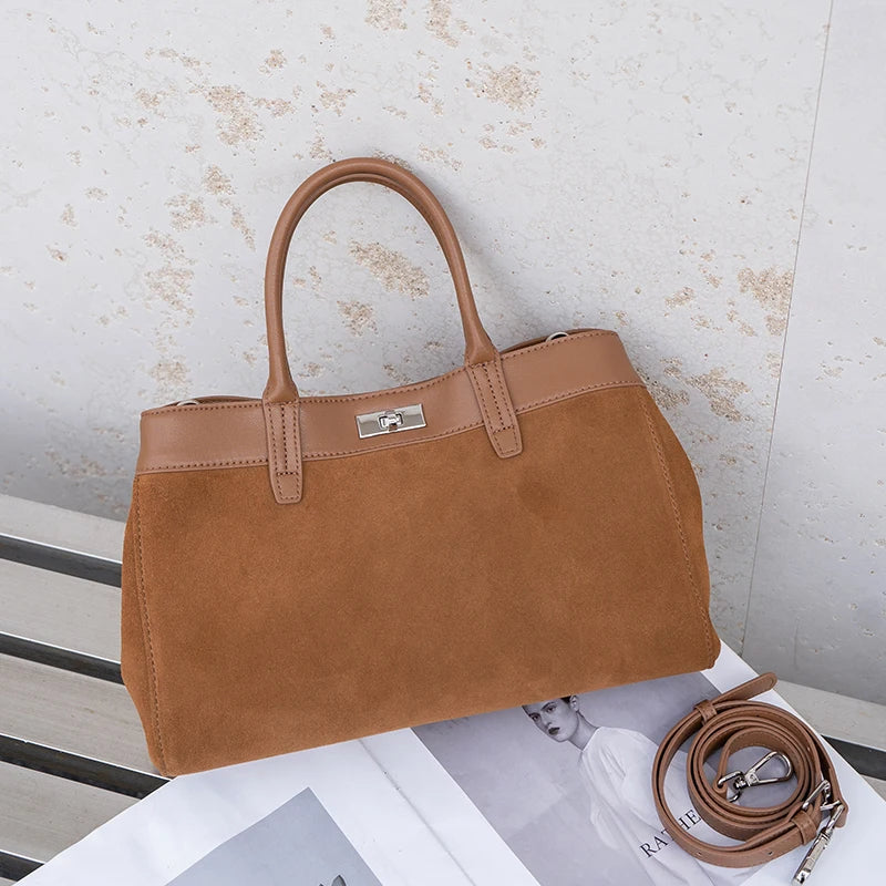 New Women's Natural Suede Leather Shoulder Bag Female Casual Soft Cowhide Durable Handbags Ladies Fashion Luxury Designer Bags