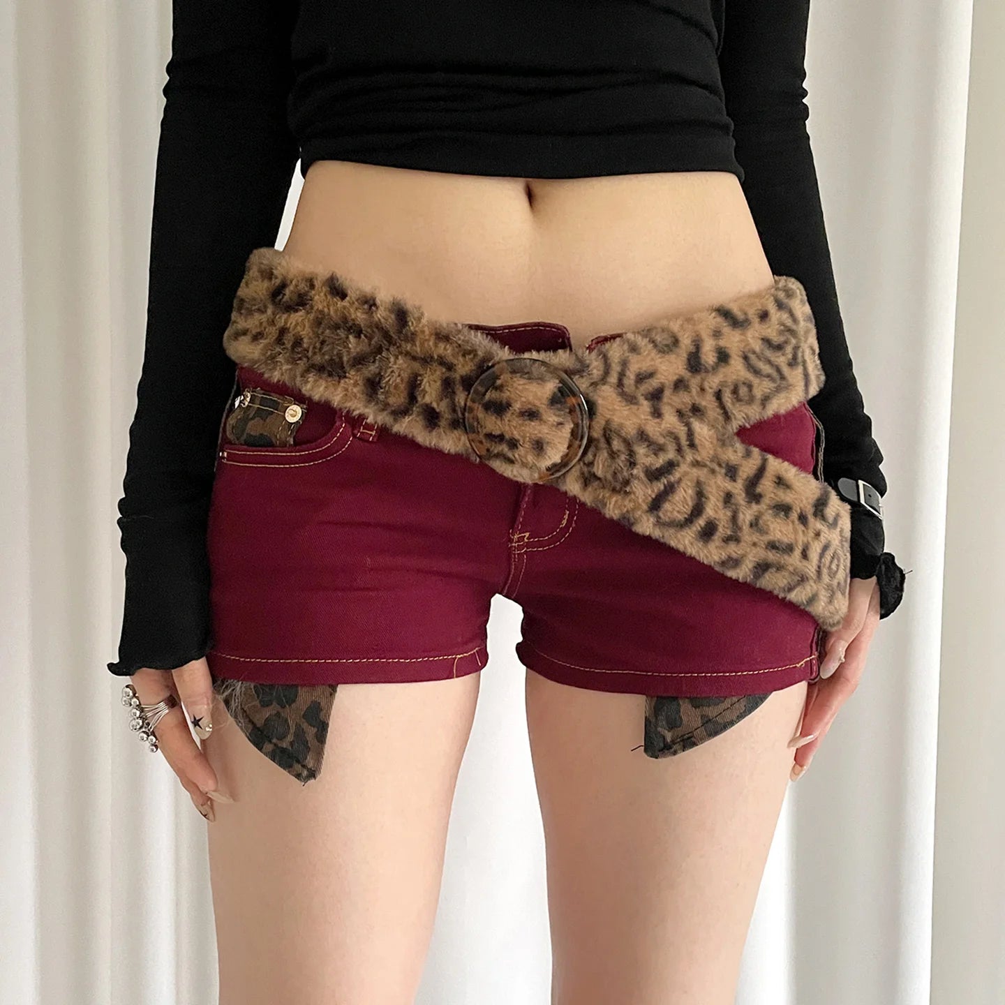 Fringe Design Leopard Print Faux Fur Belt Sexy Autumn And Winter Subculture Fluffy Accessories Post-Apocalyptic Style Belt