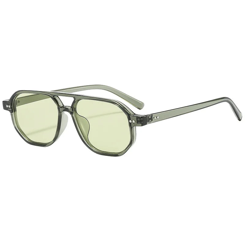 JNPCXI Vintage Double Bridges Polygon Square Men Sunglasses Fashion Green Ocean Lens Eyewear Women Rivets Sun Glasses UV400