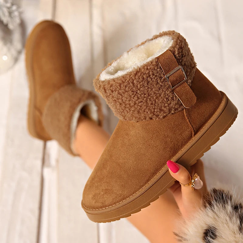 Buckle Decor Women's Platform Snow Boots 2025 Winter Non Slip Warm Plush Ankle Boots Women Comfort Slip On Cotton Shoes Woman