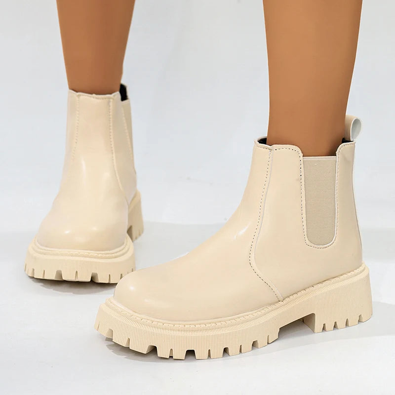 Pu Leather Platform Chelsea Boots Women Fashion Plus Size 42 Slip On Ankle Boots Woman Non Slip Thick Sole Short Booties Mujer