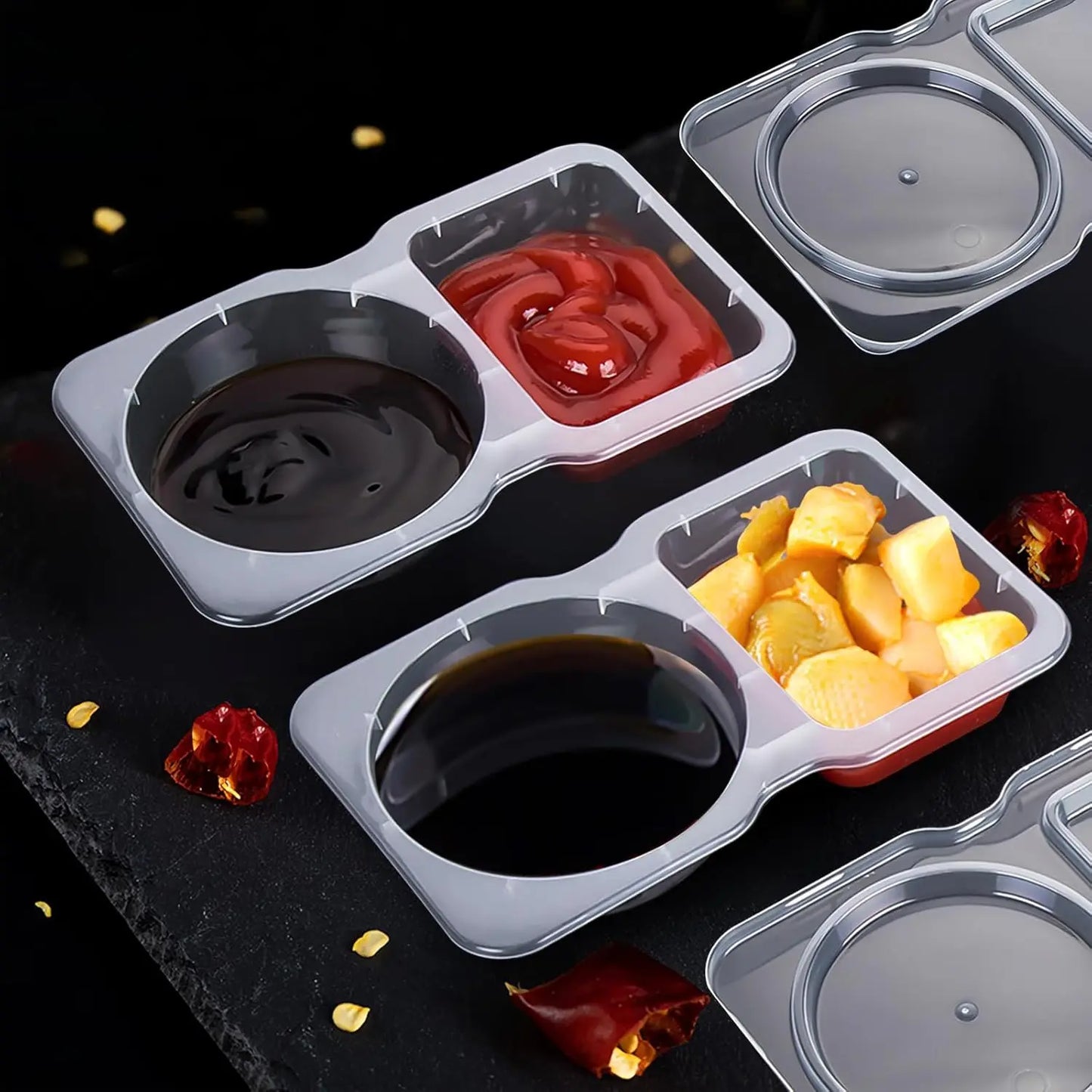 Double Compartment Condiment Containers with Lids, Disposable 2 Compartment Portion Cups Reusable Plastic Snack Container