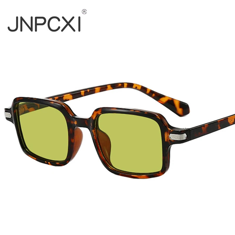 JNPCXI New Fashion Rectangle Women Sunglasses Clear Green Ocean Gradient Lens Shades UV400 Men Rivets Sun Glasses Metal Hinge
