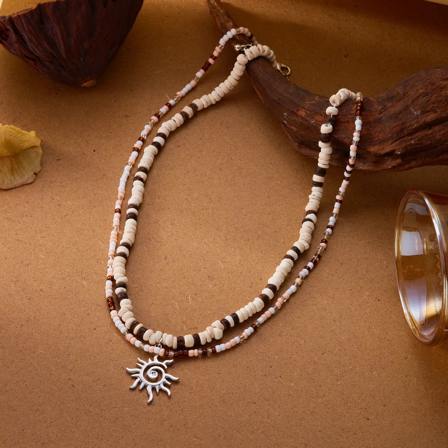 2pcs Boho Coconut Wood Beads Sun Pendant Necklace for Women Ethnic Style Rice Beads Statement Necklace Summer Beach Jewelry Gift