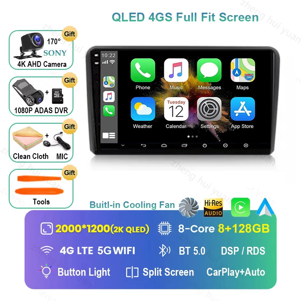 For Audi A3 8P 2003 2004 - 2013 Android 16 GPS WIFI 4G Carplay&Auto Car Radio Navigation QLED Multimedia Stereo Player BT