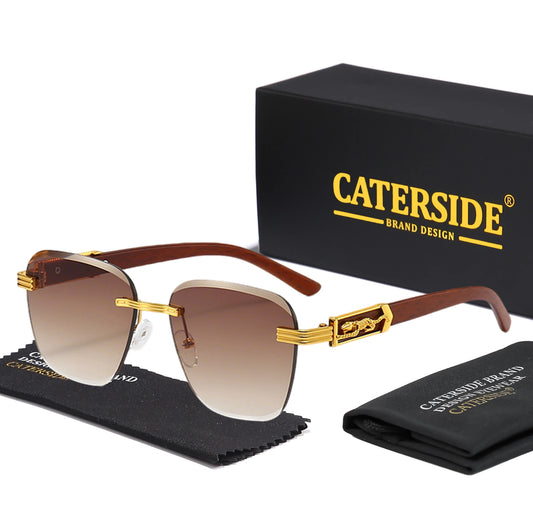CATERSIDE New Men's Square Frameless Sunglasses with Wooden Temple Design Women's Outdoor Travel Driving Fashionable Sun Glasses