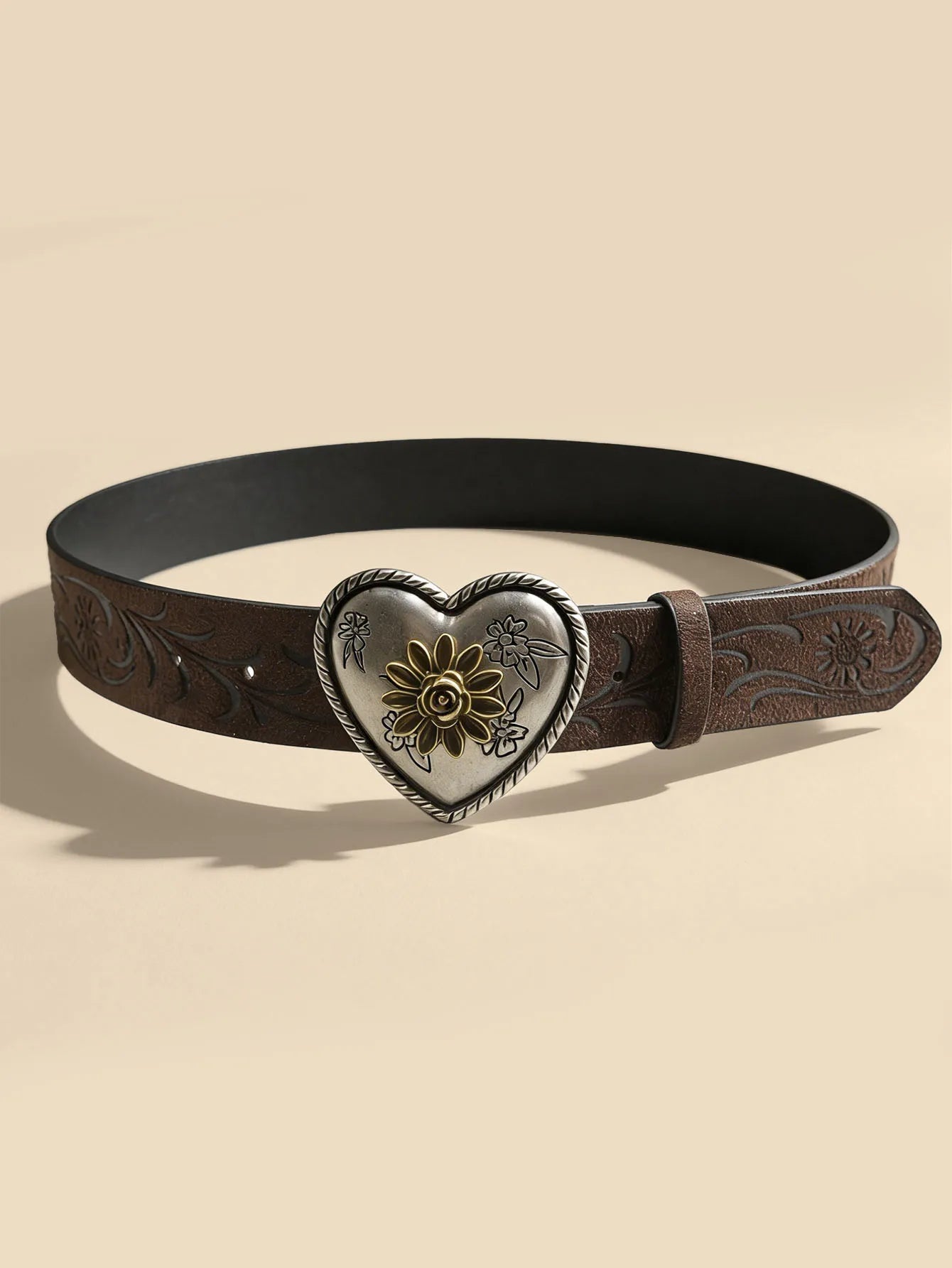 Heart Flower Metal Buckle Belt Brown Embossed Women's Retro Waistband Fashion Decorative Belt