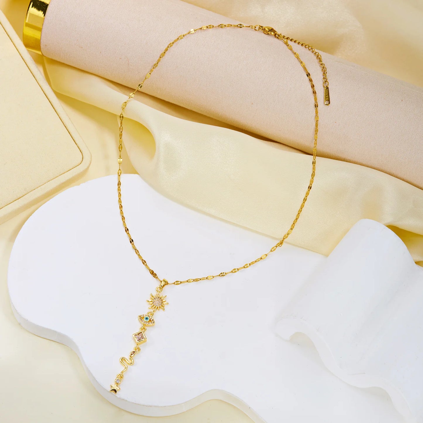 Celestial Mystical Gold Tone Necklace for Women Copper Stainless Steel Chain Sun Evil Eye Snake Tassel Boho Daily Jewelry Gift