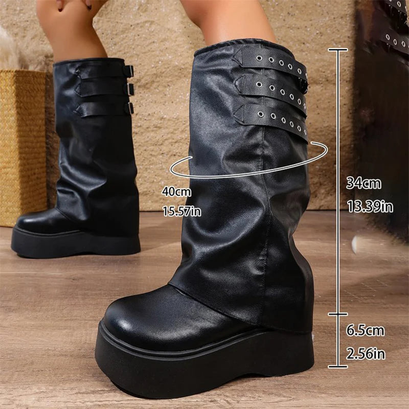 Punk Style Chunk Heel Boots for Women 2025 Fashion Black Rivet Detor Mid Calf Boots Woman Pu Leather Platform Botas Mujer