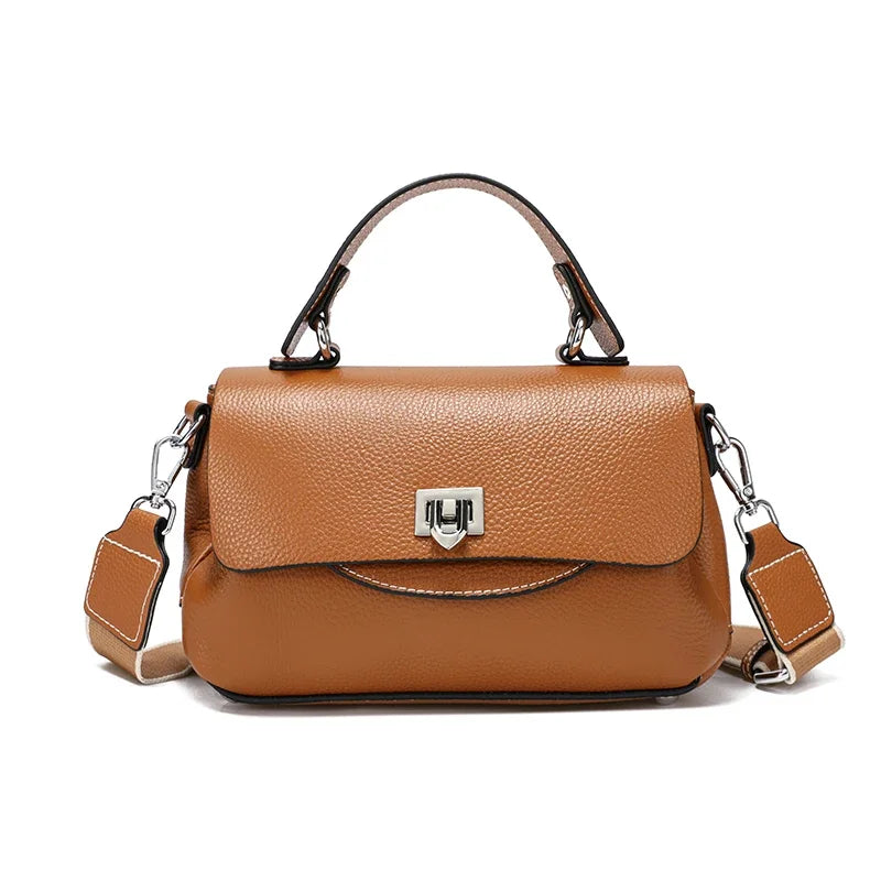 Genuine Leather Mini Crossbody Bag for Women Top Handle Satchel Handbag with Lock Closure Adjustable Strap Small Shoulder Bag