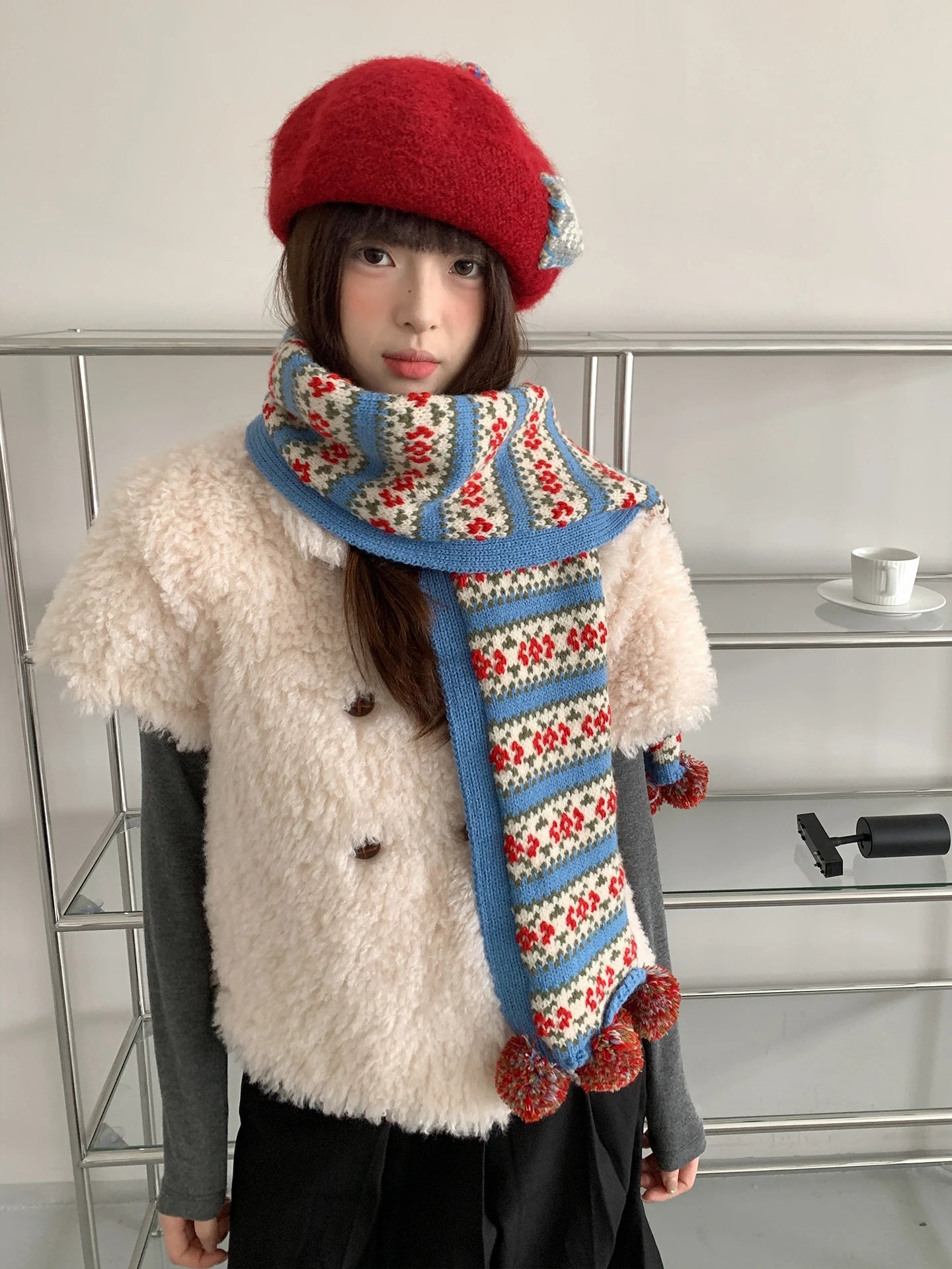Retro Fair Lsle Christmas Jacquard Knit Scarf For Women Winter Aura Warmth Cold-Proof Neck Warmer