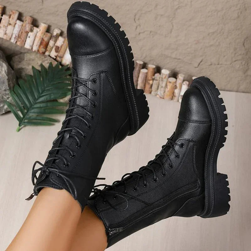 Fashion Solid Zip Mid Calf Boots for Women Autumn Winter Platform Heels Motorcycle Boots Women Temperament Lace-Up Shoes Woman