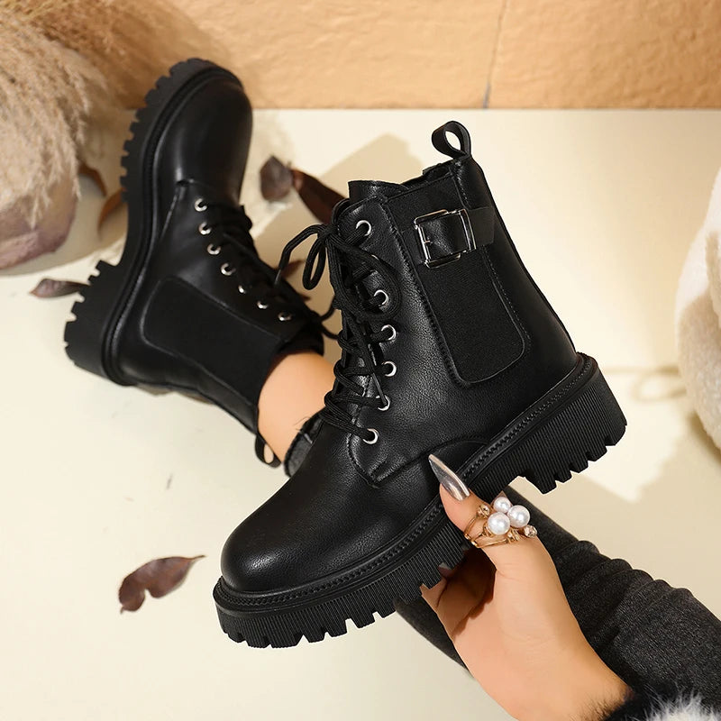 Fashion Buckle Platform Motorcycle Boots Women Black Pu Leather Lace Up Ankle Boots Woman British Style Thick Sole Short Booties