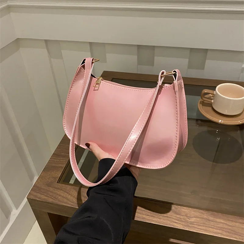 Women's Pink Patent Leather Versatile Shoulder Casual Bag Zipper Handbags