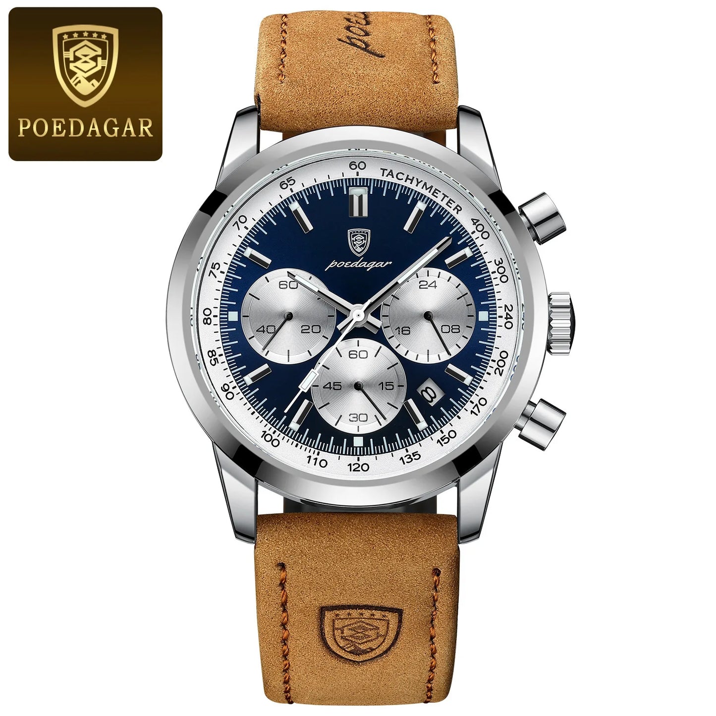 Silver Blue POEDAGAR Luxury Waterproof Chronograph Men Leather Quartz Wristwatch