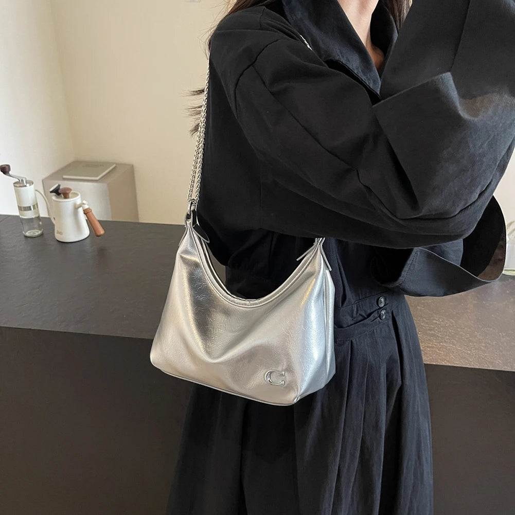 Women PU Casual Tote Handbag Chain Sling Bag Multi-Pockets Simple Satchel Bag