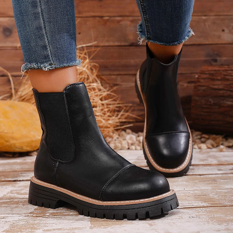 Autumn Winter Platform Chelsea Boots Women Slip On Plus Size 43 Thick Sole Ankle Boots Woman Fashion Non Slip Pu Leather Botas