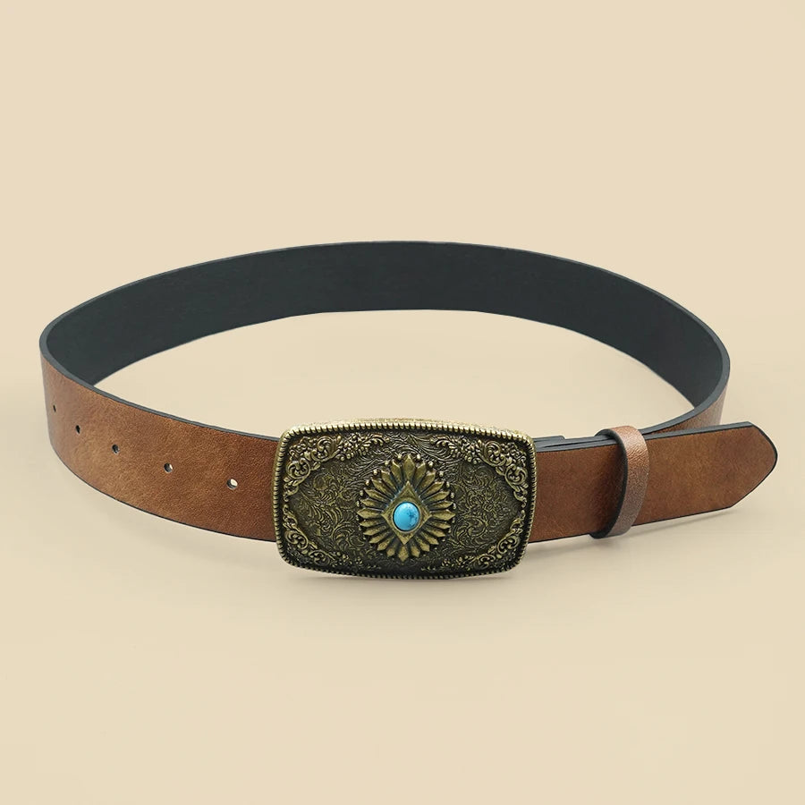 Elegant Vintage Royal Style Women's Belt with Floral Design and Blue Turquoise Inlaid Alloy Buckle - Ideal for Daily Commute and