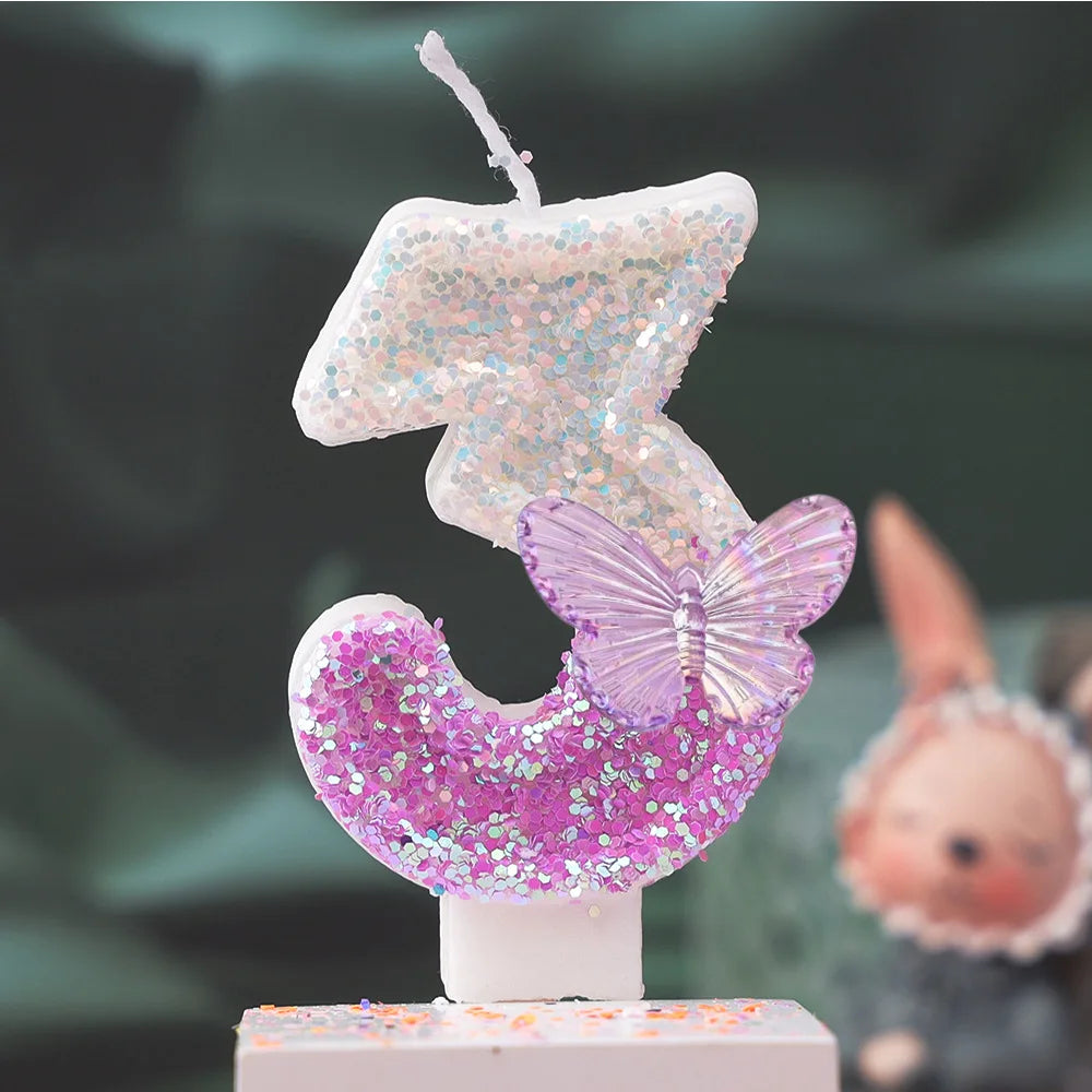 Creative 0-9 Numbers And Letters Birthday Cake Candle, DIY Party Decoration Candle With Purple Butterfly Design And Glitter