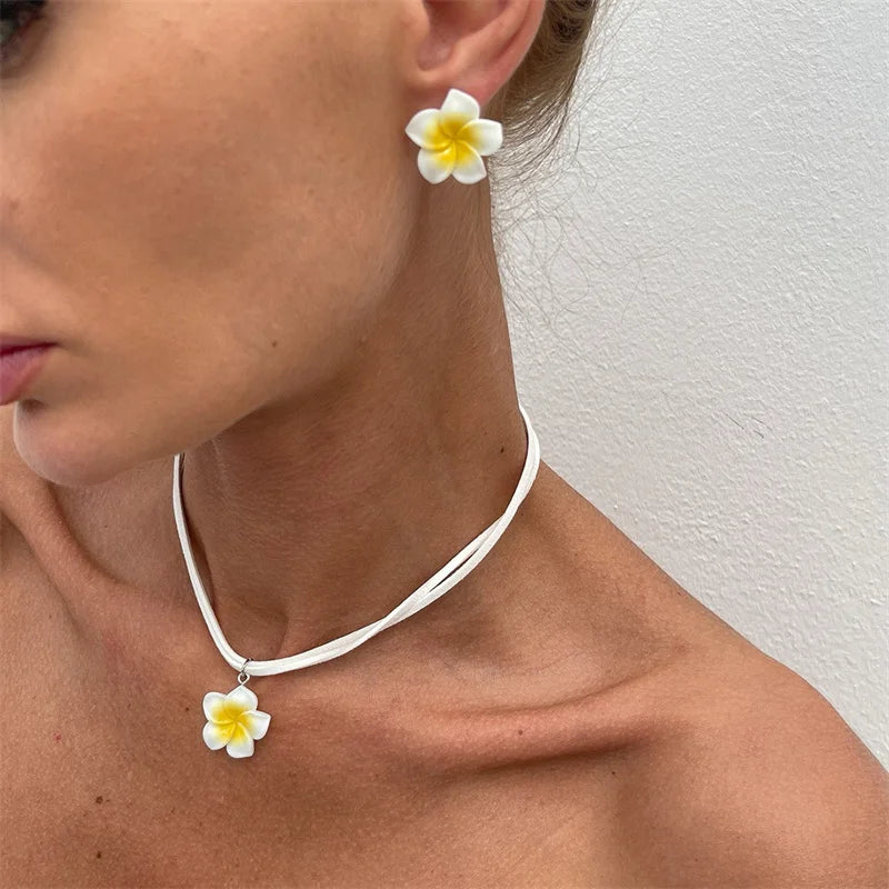 Trendy Boho Summer Starfish Flower Pendant Necklace Earrings for Women Fashion Leather Rope Chain Choker Beach Party Jewelry Set