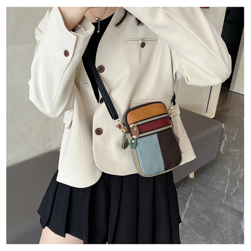 Fashion Soft Leather Women Shoulder Bag Multi Zipper Soft Mobile Phone Bag