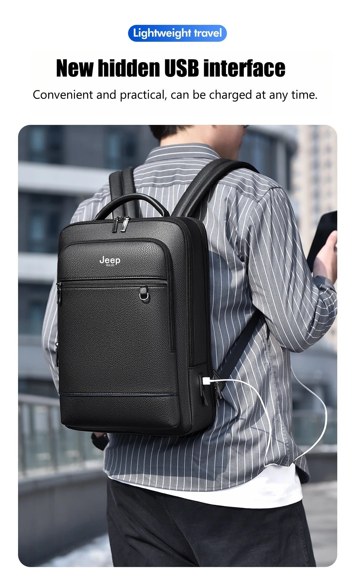 JEEP BULUO Men'Genuine Leather Business Backpacks Black Casual 15.6" Laptop bag