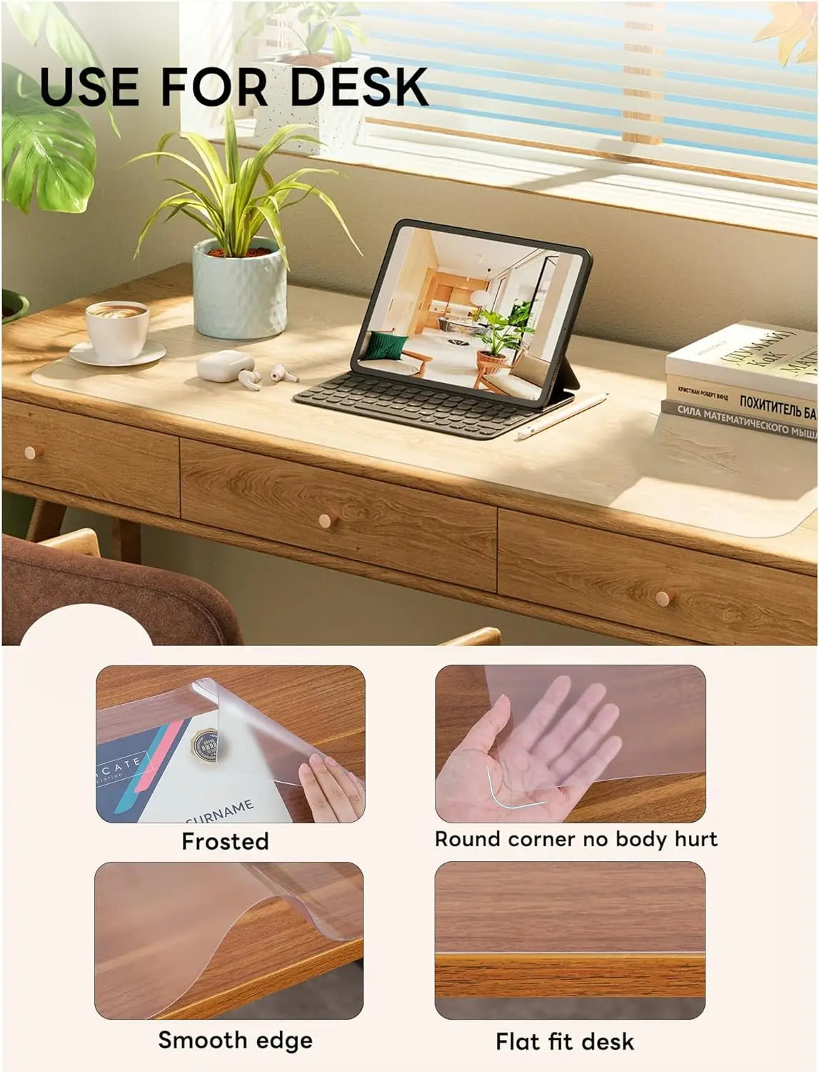 Clear Desk Mat - Multi-Functional Desk Pad, 24 x 14 inches - Durable Desk Protector with Anti-Slip Base, Transparent View