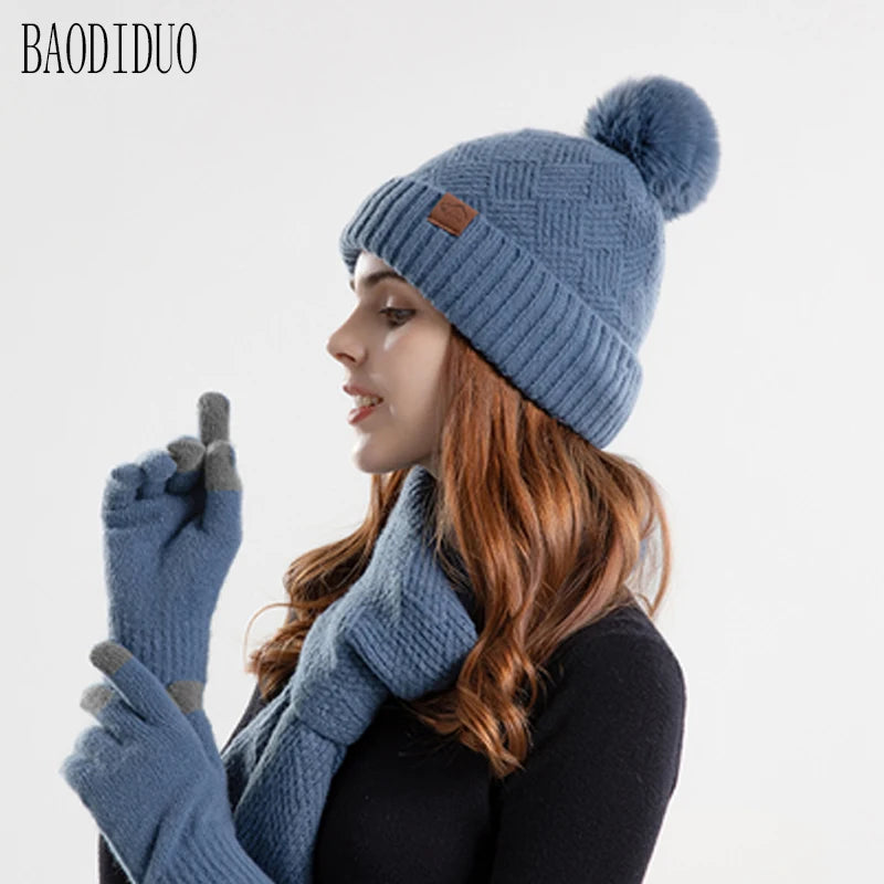 Xinbaoguan 100% Acrylic 9988 Winter Korean Edition Fashion Knitted Wool Warm Hat Scarf Glove 3-Piece Set Ear Protection Hoodie