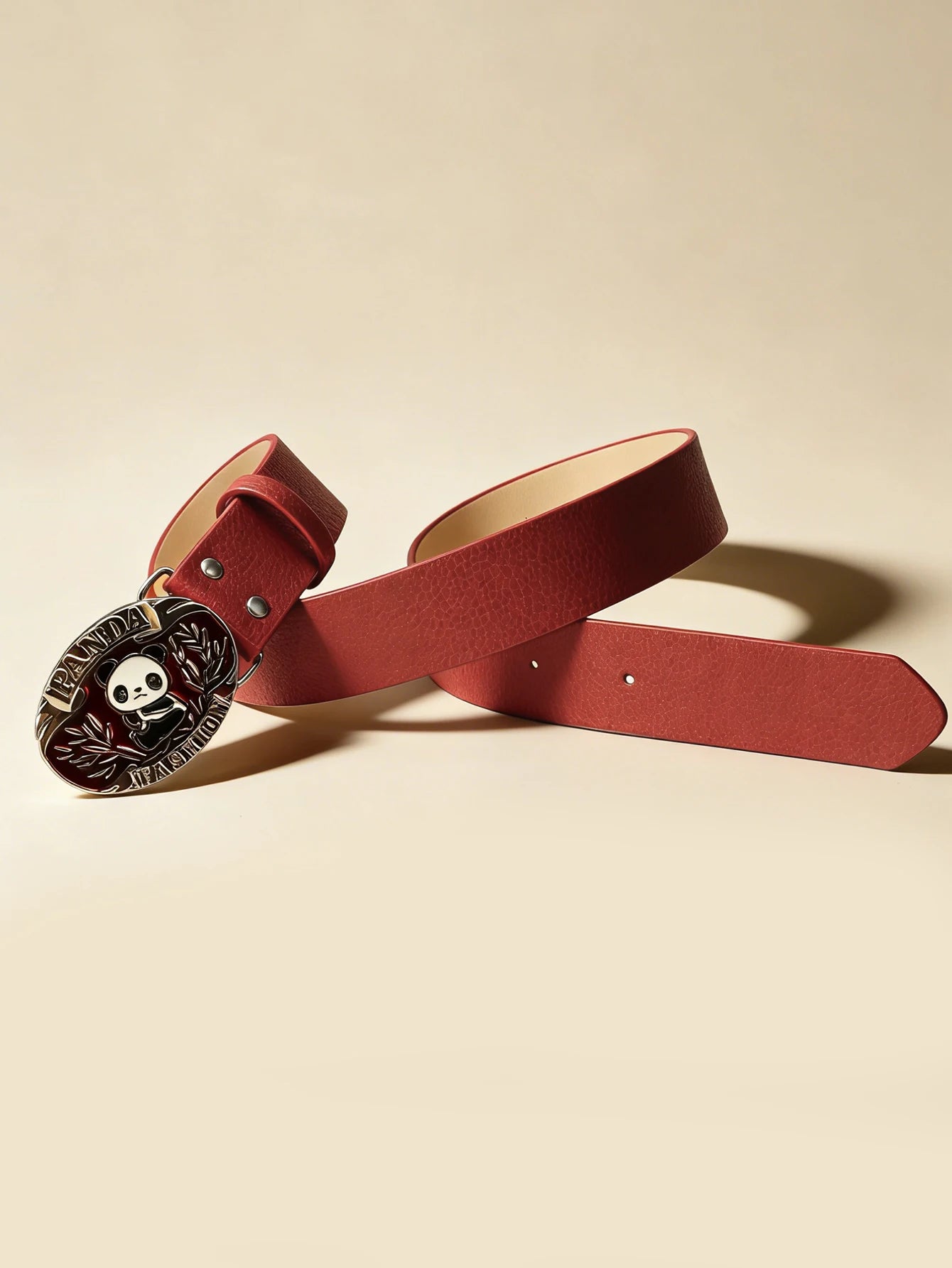 Cute Panda Buckle Red Belt Playful Lychee Texture Unisex Waistband Retro Decorative Waist Cinch