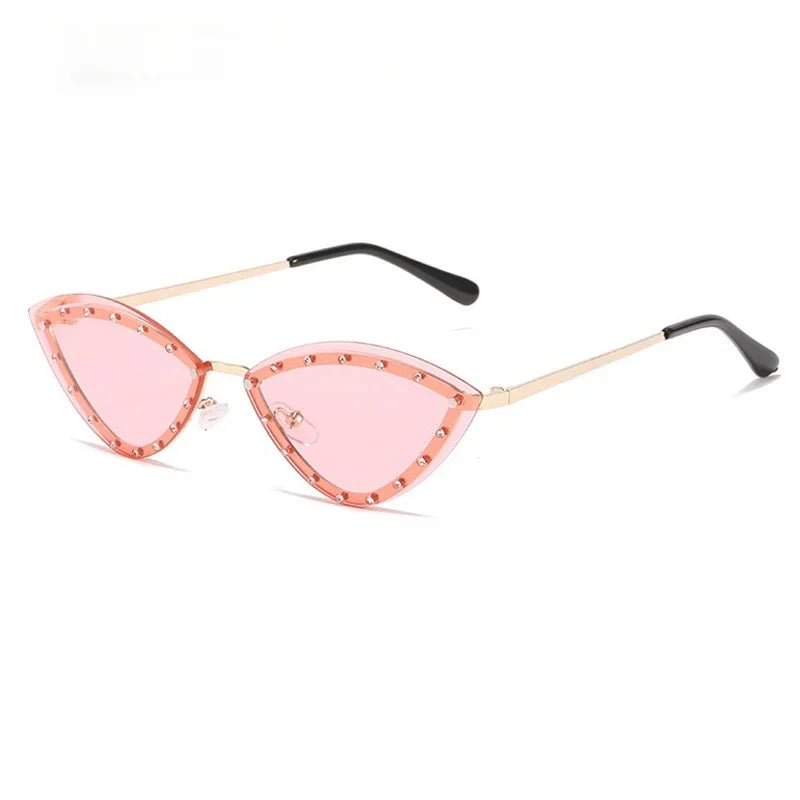 JNPCXI New Triangle Cat Eye Sunglasses Alloy Rimless Crystal Shiny Sun Glasses Female Unique Elegant Green Rhinestone Shades