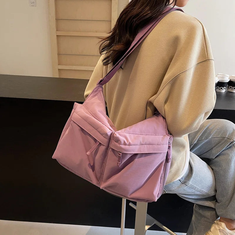 Purple Casual Work Style Waterproof Nylon Crossbody Shoulder Bag Large Capacity