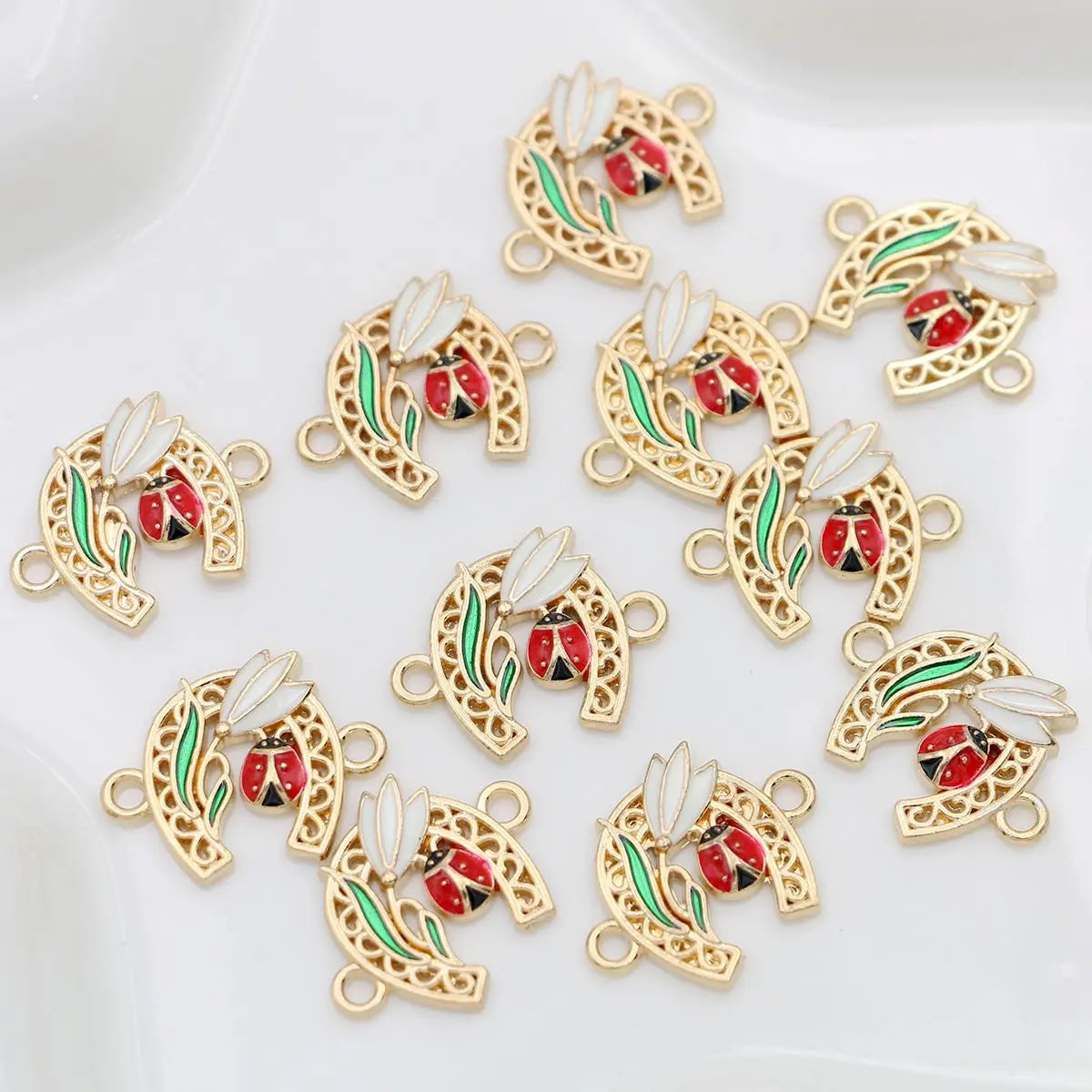 10Pcs Gold Plated Crystal Flower Ladybug Horseshoe Connectors for Jewelry Making Bracelet Findings Accessories DIY